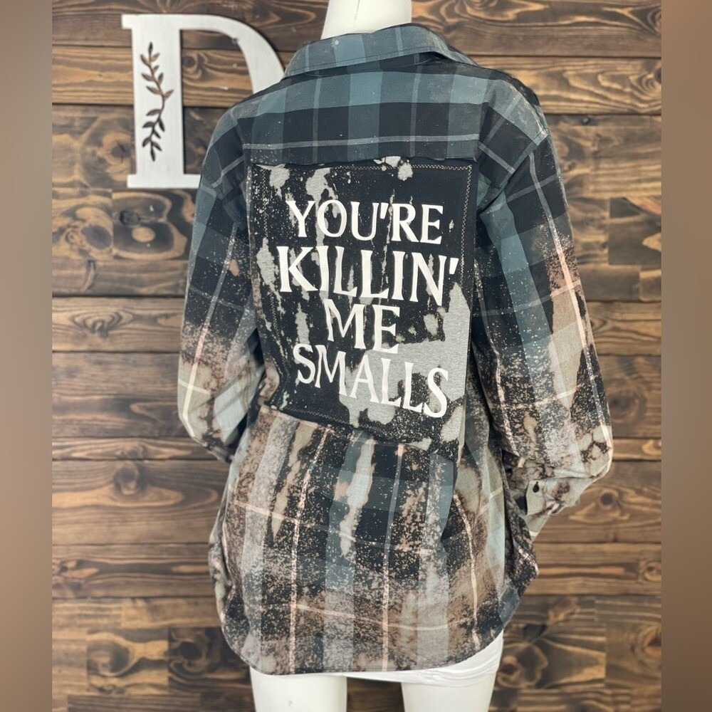 Custom Made Upcycled Reworked Reverse Dyed Plaid Button Up Top Sandlot Baseball‎